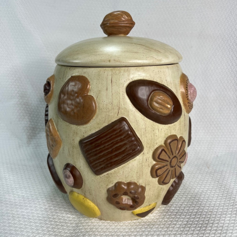 Vintage 1960s Ceramic "Cookies All Over" Cookie Jar Walnut Lid MCM